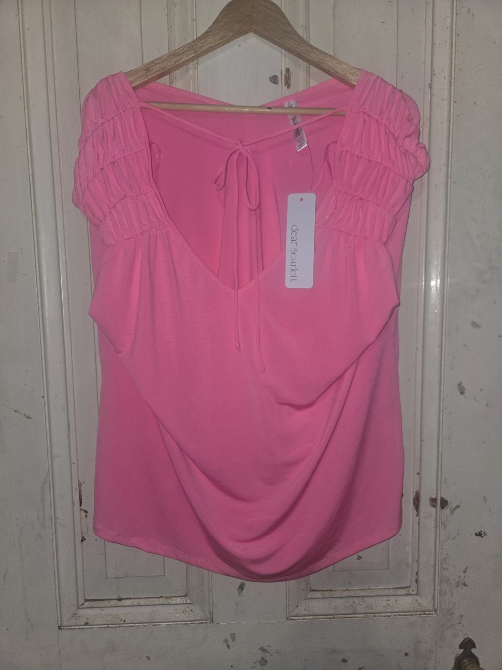 Dear Scarlett Bright Pink V-Neck Shirred Sleeve Top